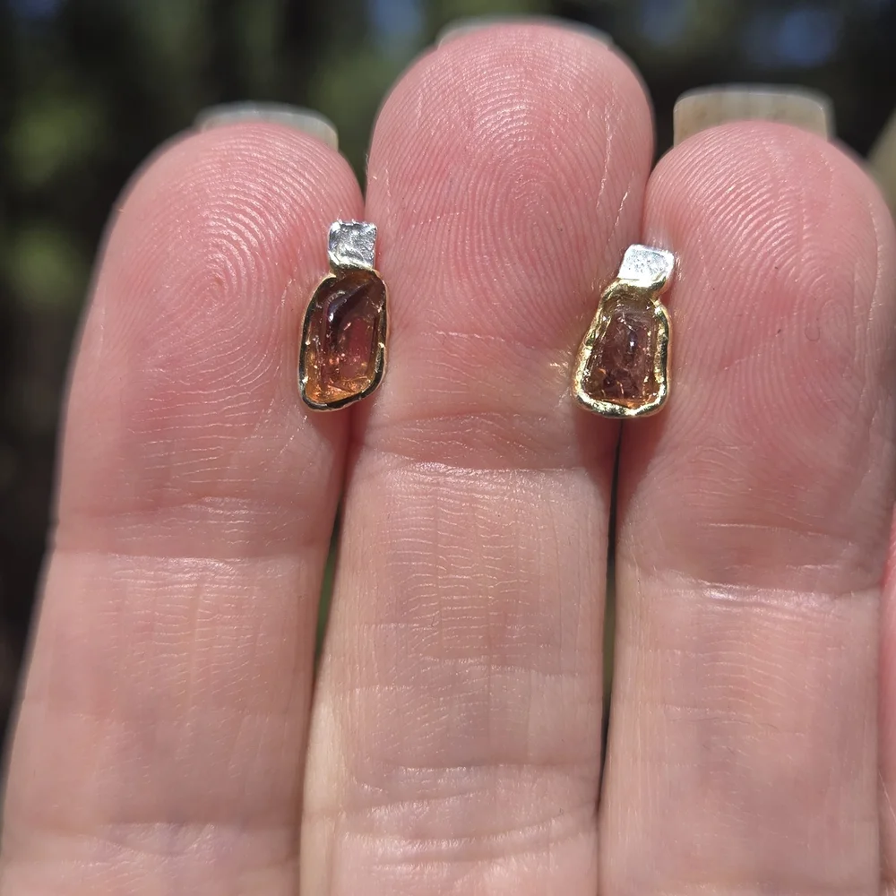 Tangarine Tourmaline Natural Sterling & Gold Stud Earrings - Picture 1 of 8